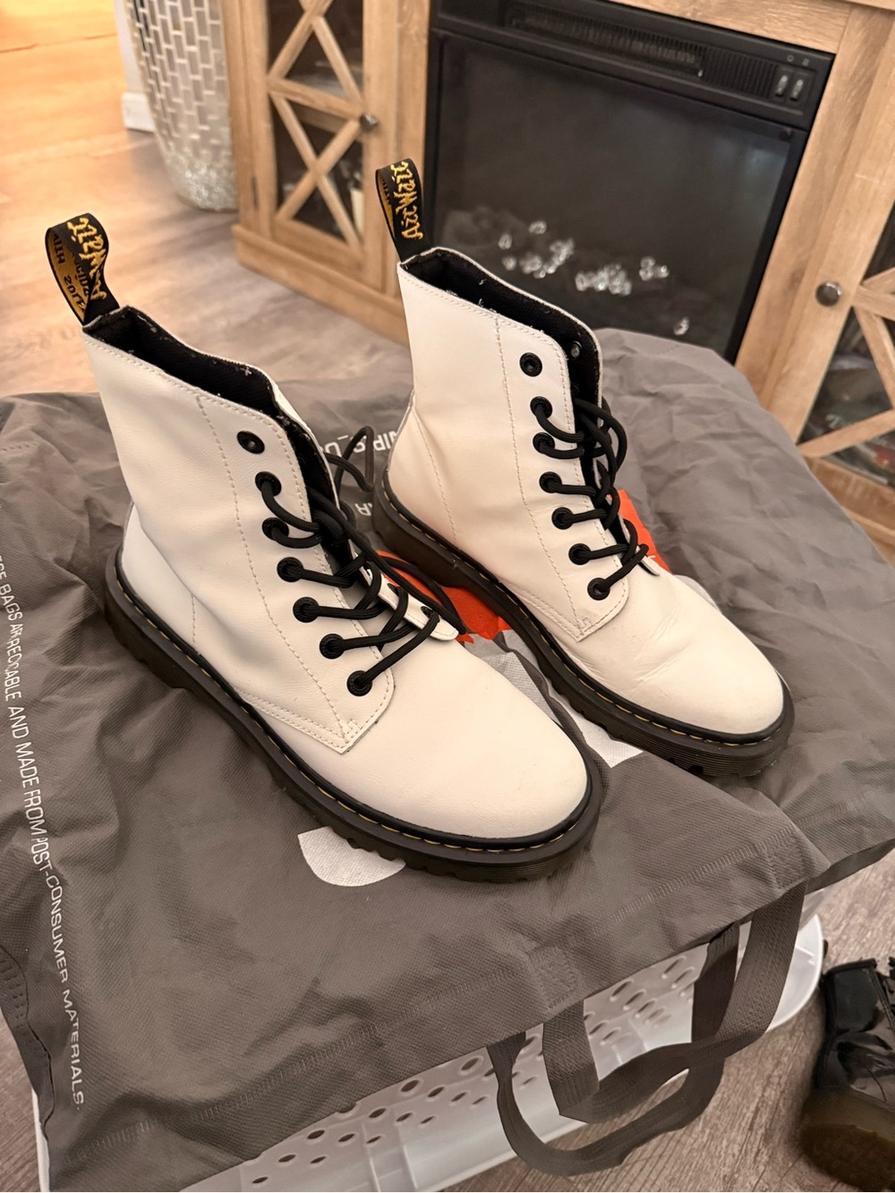 Dr. Martens White Leather Lace-Up Combat Boots with Black Laces